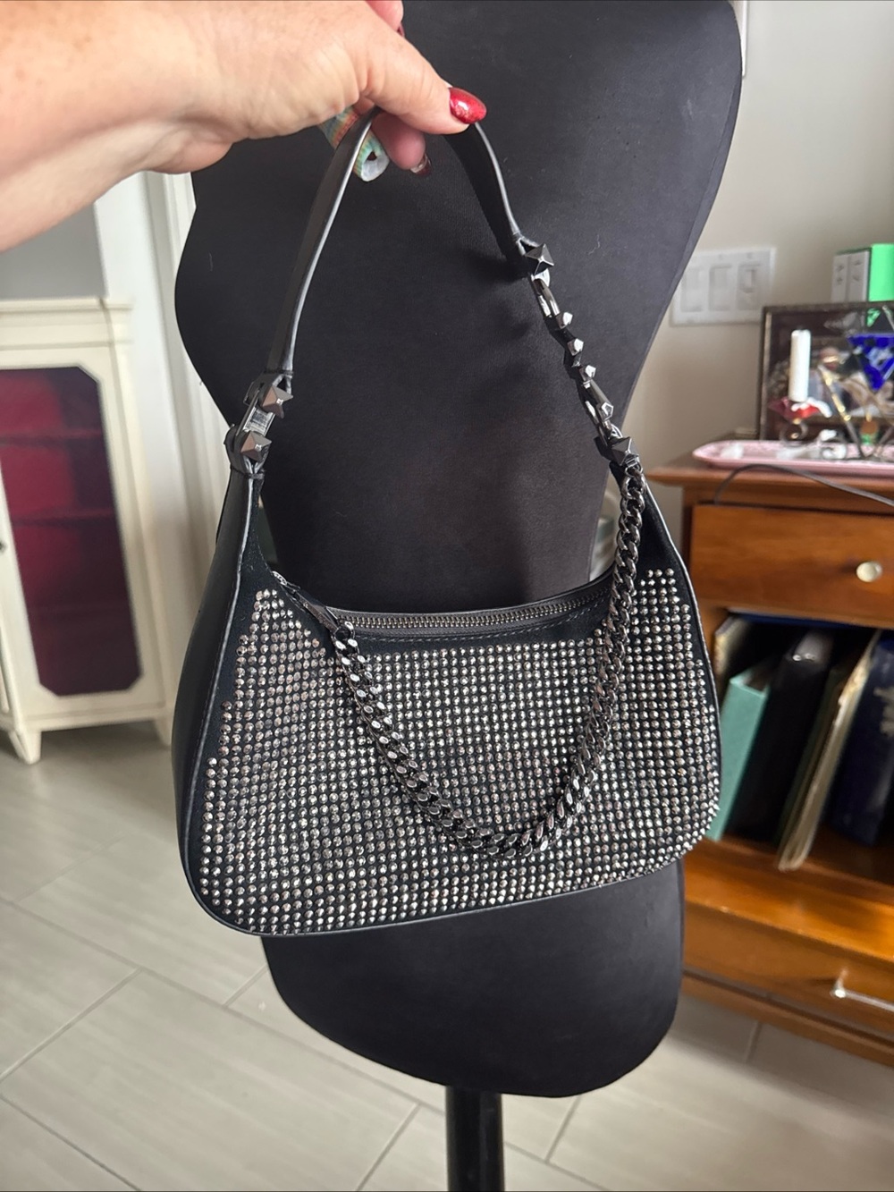 Michael Kors Black Rhinestone-Embellished Shoulder Bag with Chain